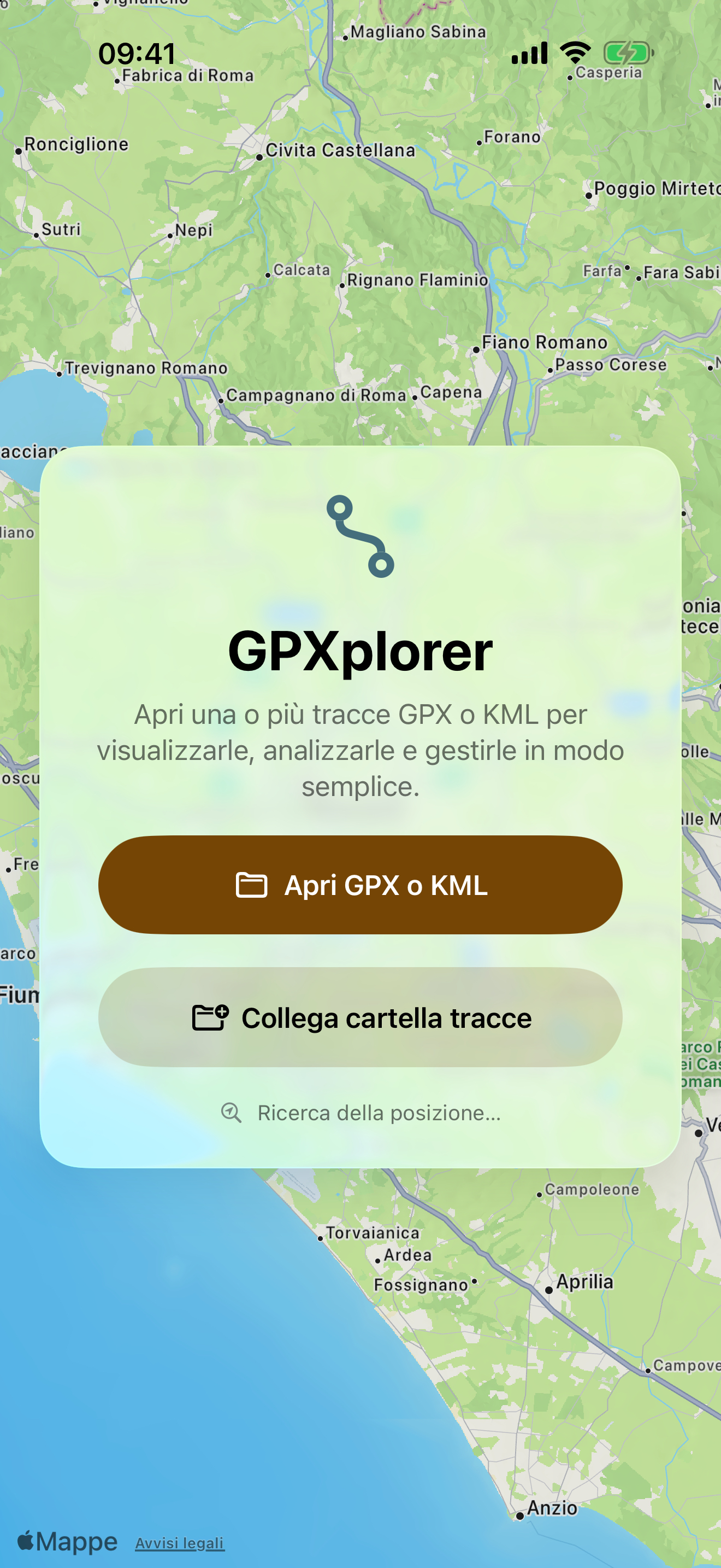 Schermata iniziale di GPXplorer con apertura di file e cartella tracce