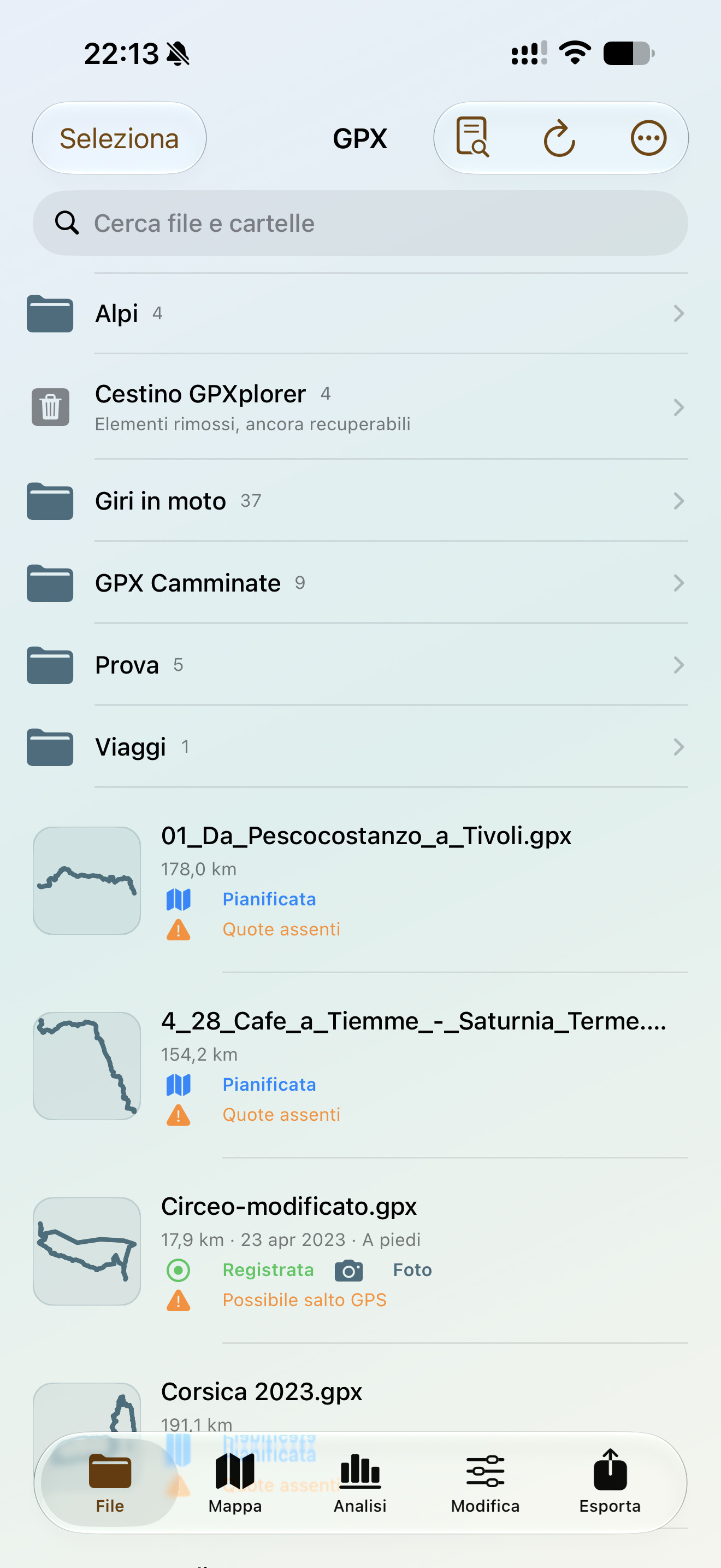 Libreria File di GPXplorer con cartelle e anteprime delle tracce