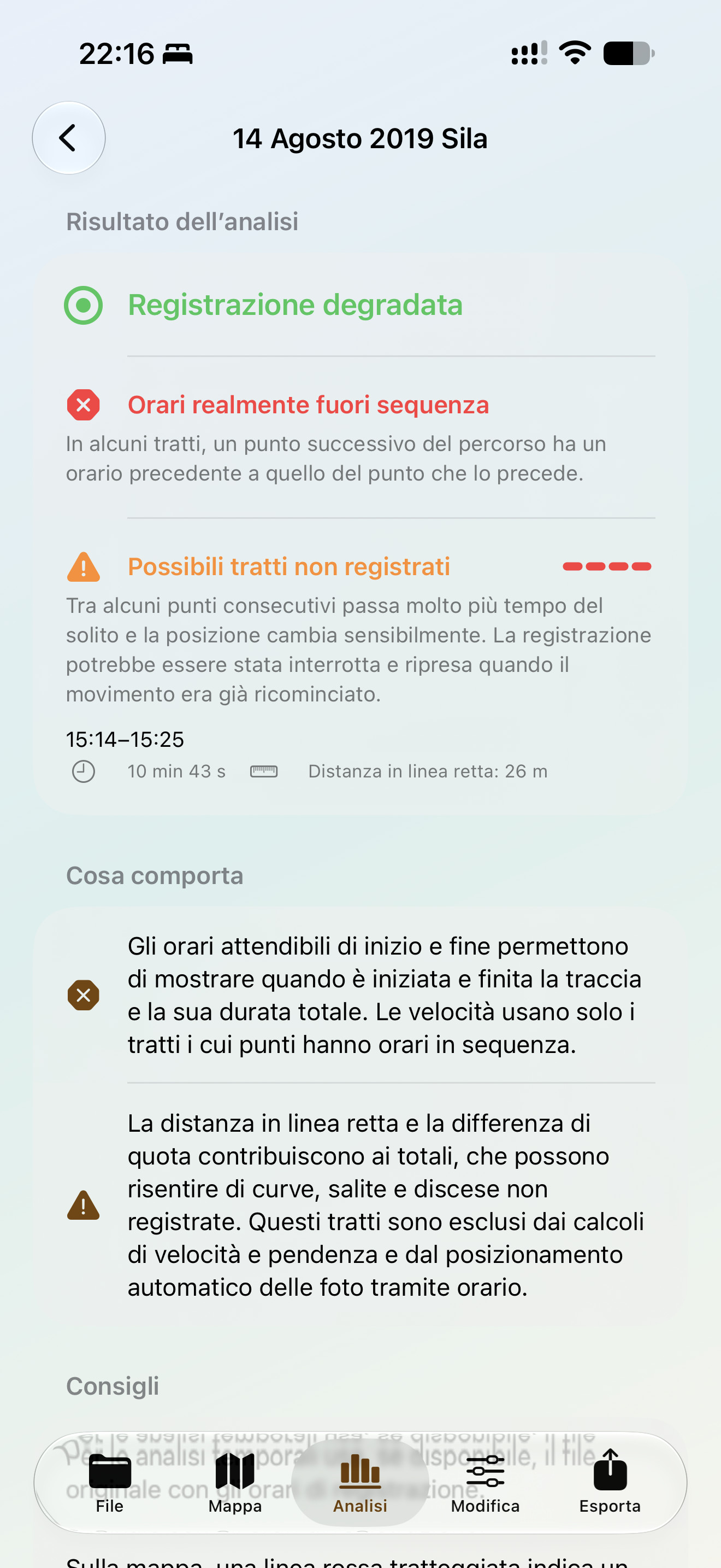 Diagnostica di una registrazione degradata con orari fuori sequenza e possibili tratti non registrati