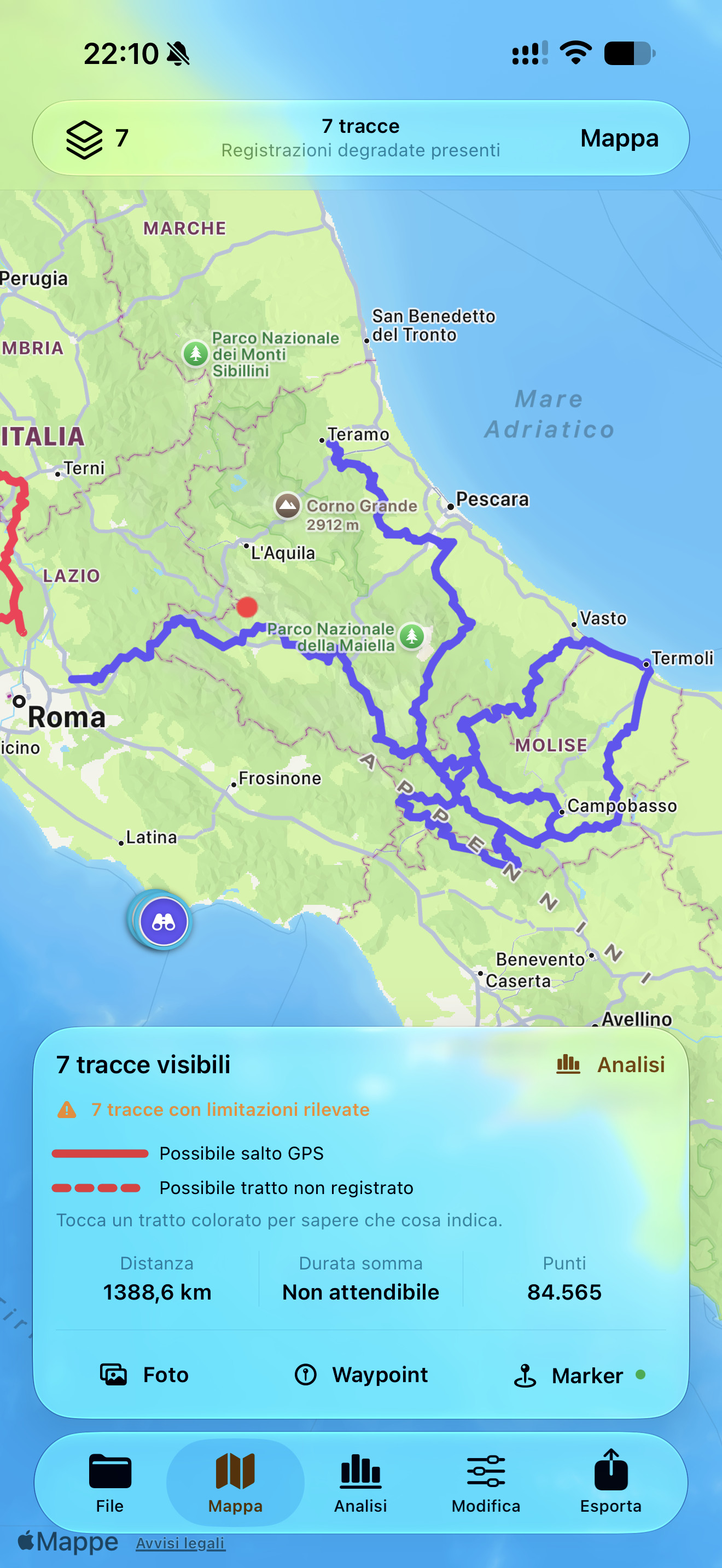 Panoramica di più tracce visualizzate insieme sulla mappa