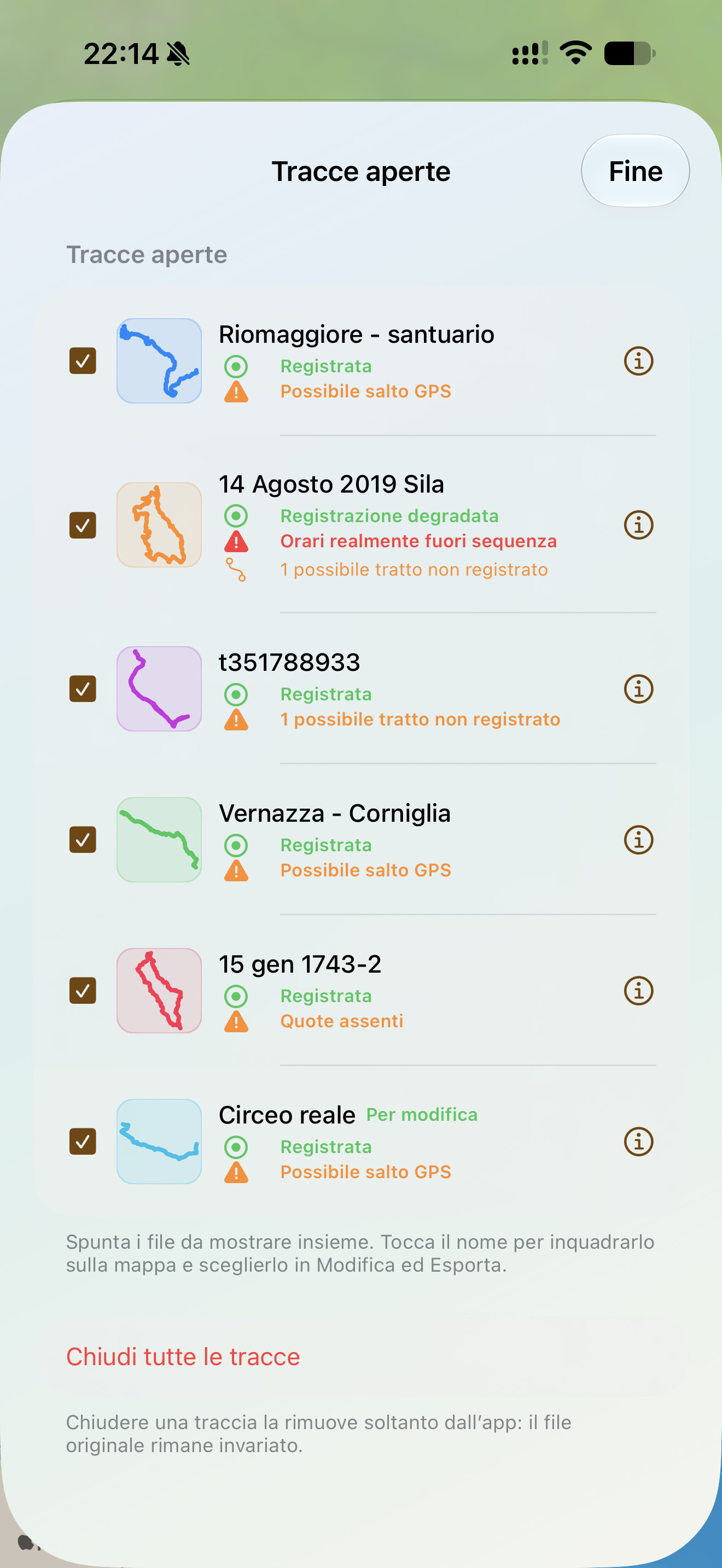 Elenco delle tracce aperte insieme sulla mappa