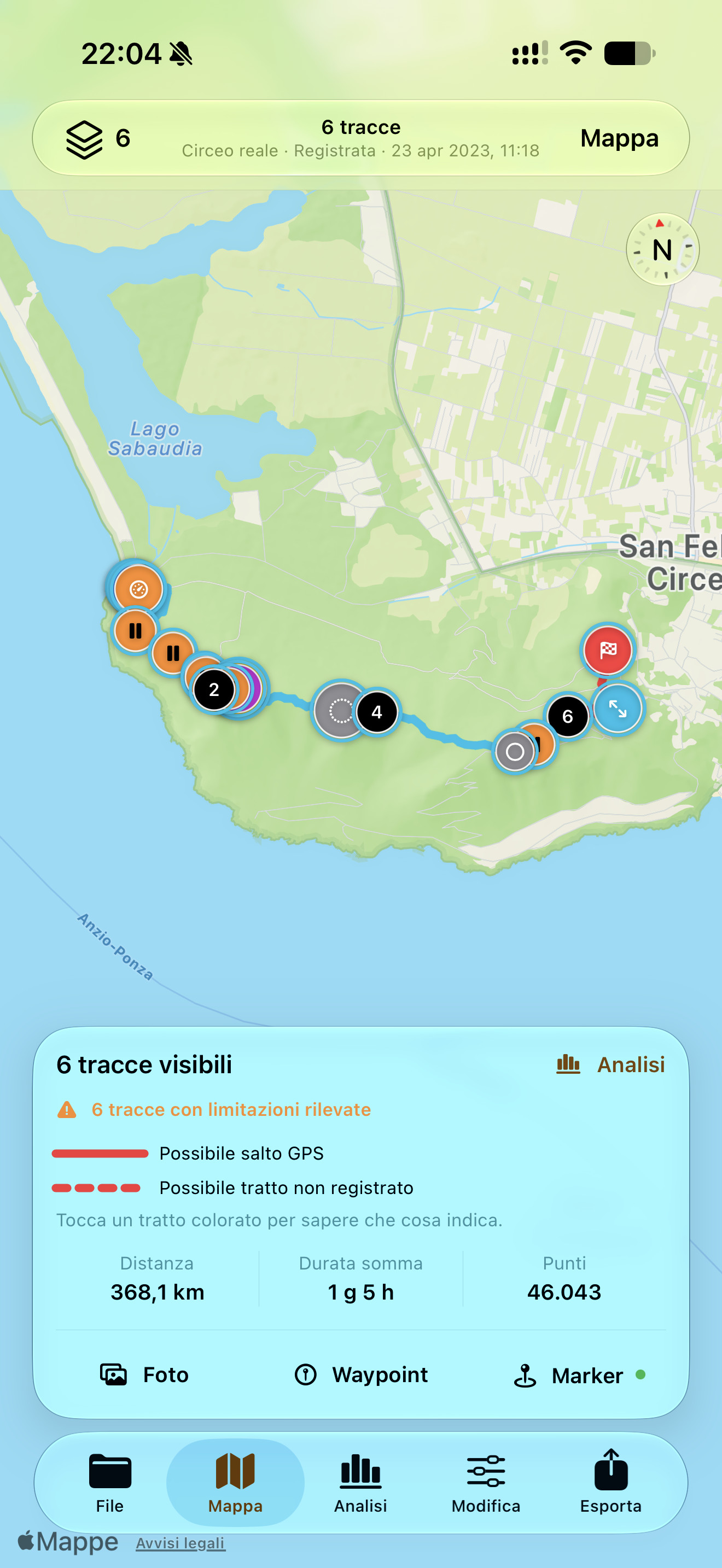 Tracce sulla mappa con marker, avvisi GPS e riepilogo di distanza, durata e punti