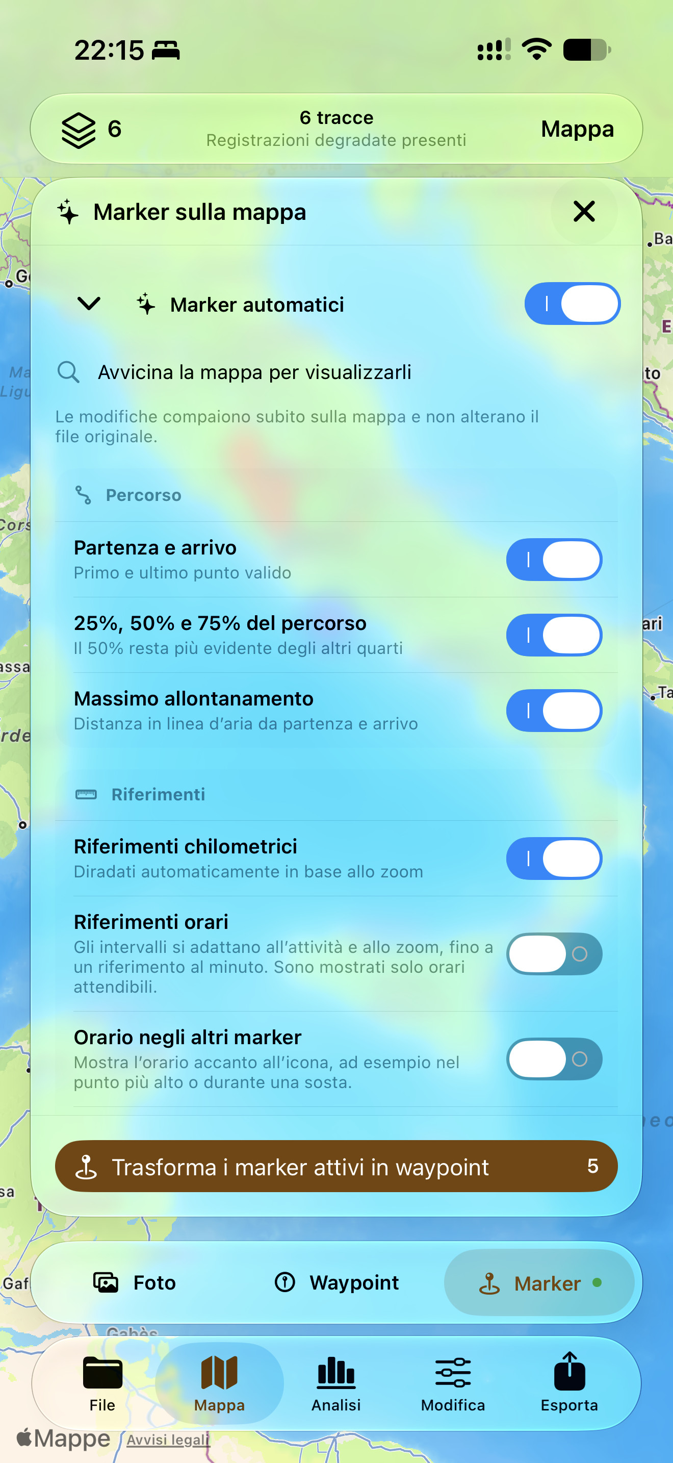 Pannello Marker automatici con partenza e arrivo, avanzamento, massimo allontanamento, riferimenti chilometrici e orari