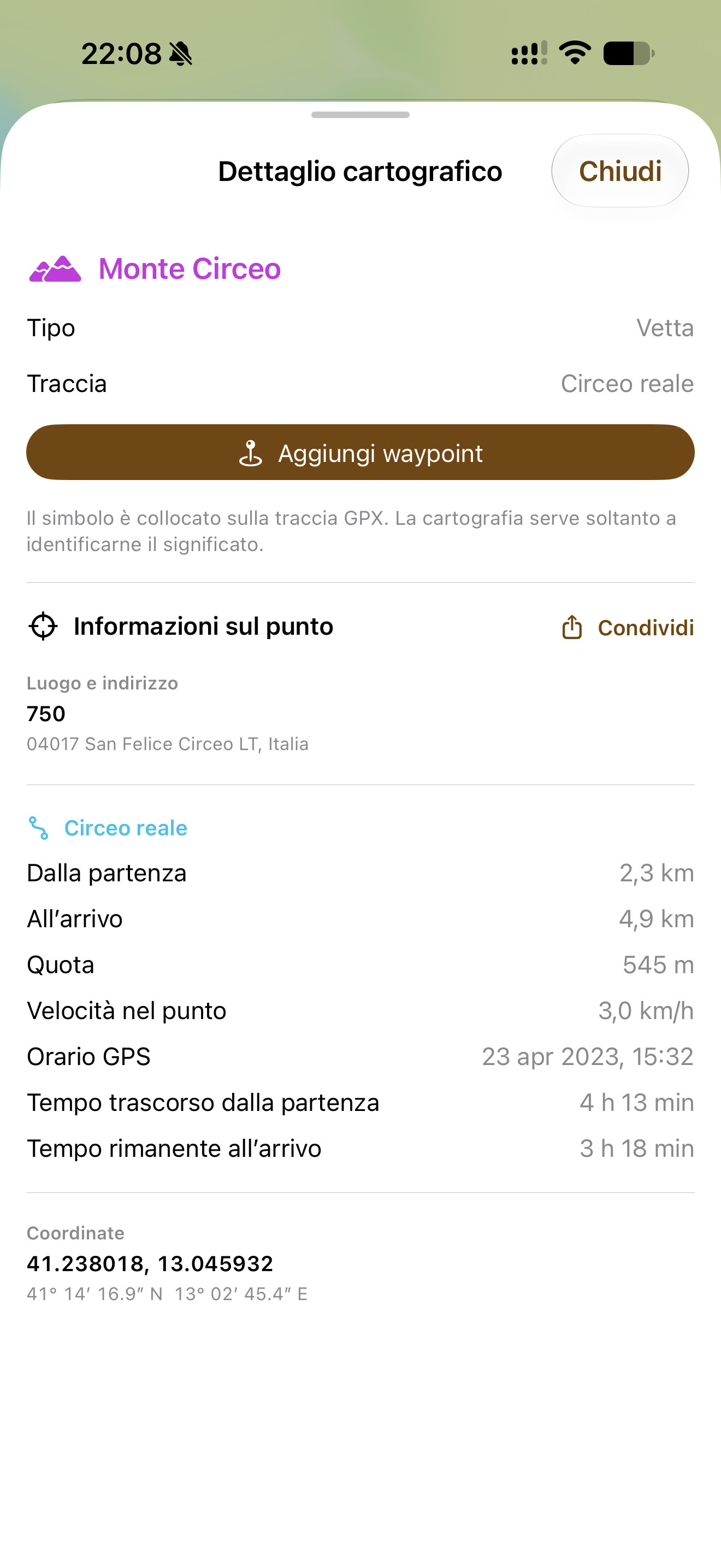 Dettaglio cartografico di una vetta incontrata sulla traccia