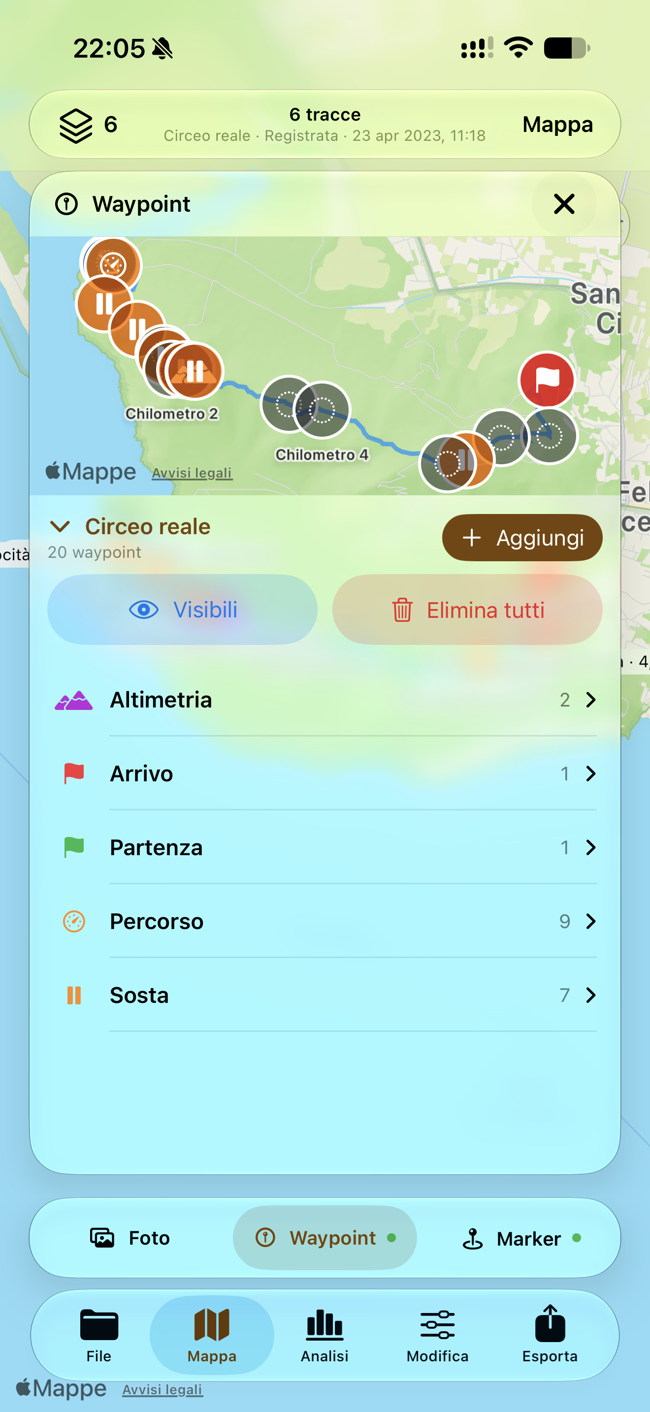 Waypoint della traccia organizzati per categoria, con comandi per aggiungere punti e gestirne la visibilità