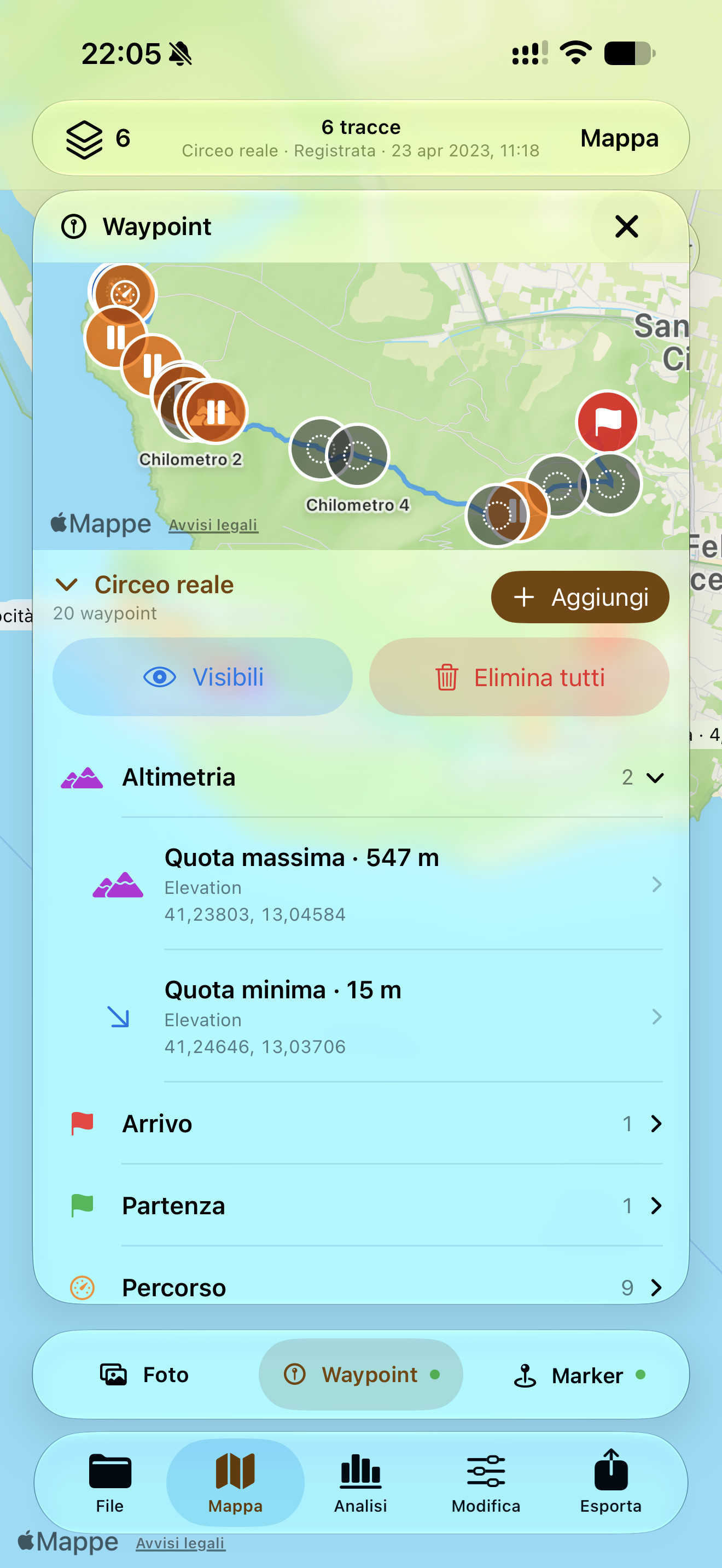 Categoria Altimetria aperta con waypoint di quota massima e minima e relative coordinate