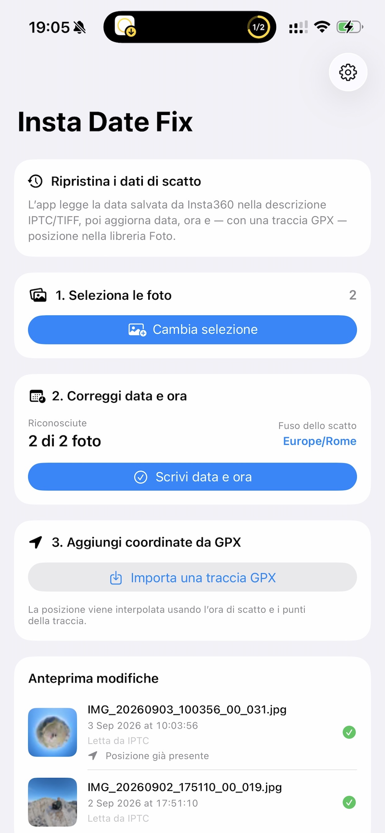 Schermata originale di InstaDateFix con selezione, correzione della data e importazione GPX