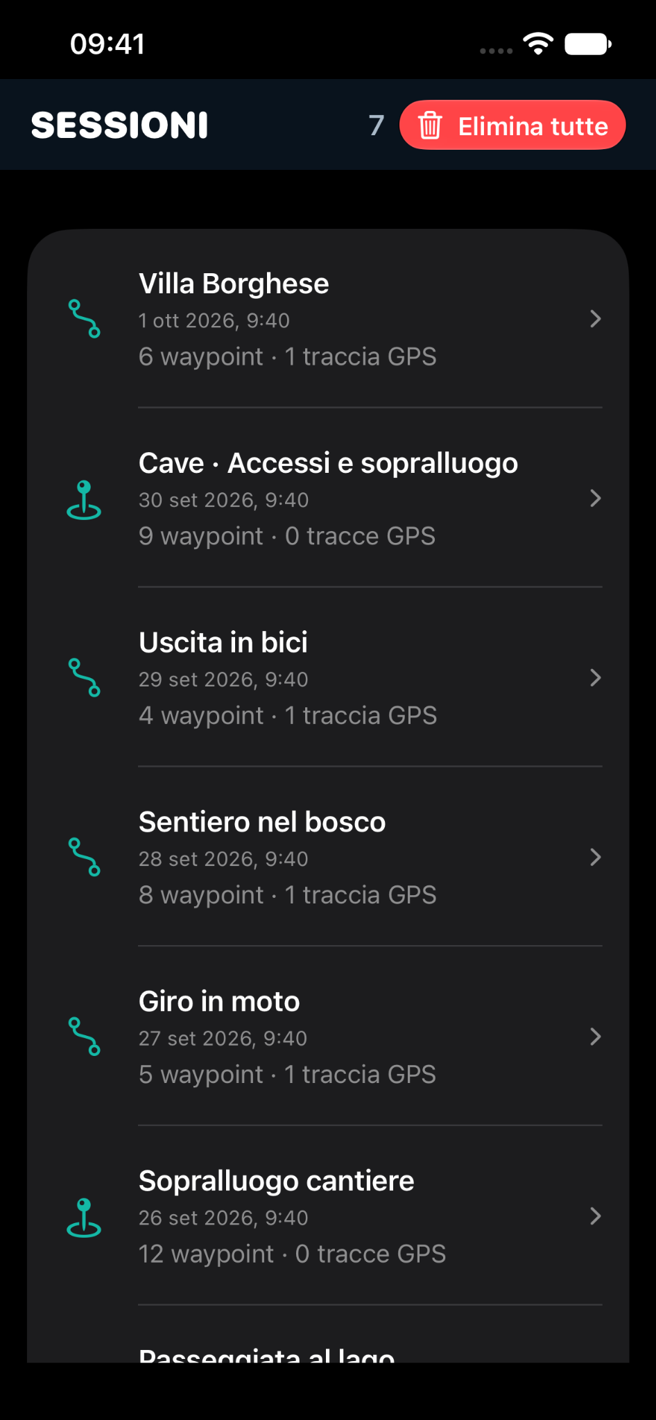 Sessioni salvate · dati di esempio