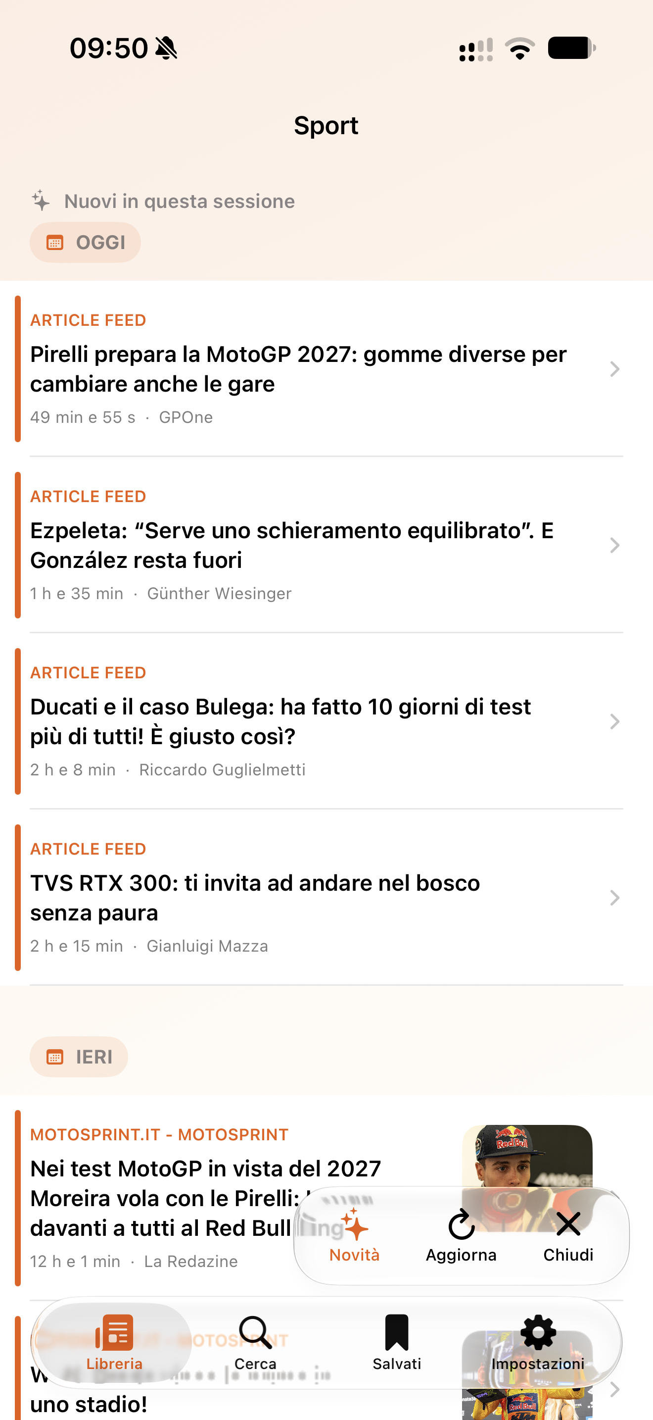 Vista del feed Sport con articoli ordinati per giorno