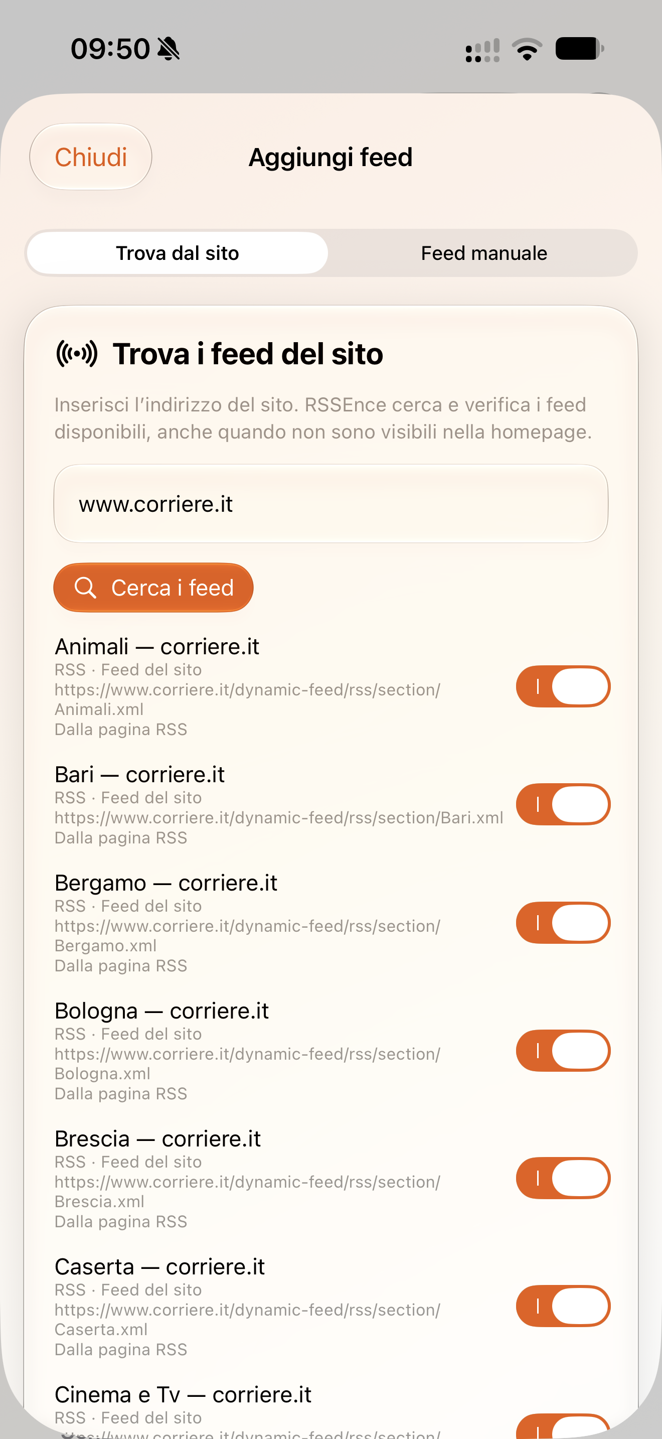Ricerca dei feed in RSSEnce: inserendo www.corriere.it compaiono i feed disponibili da selezionare
