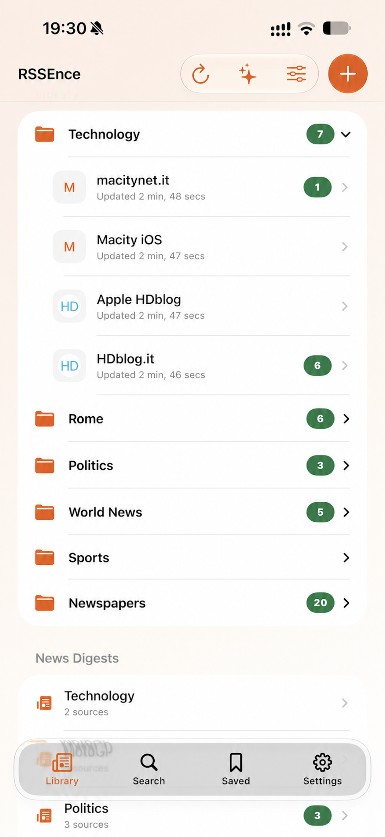 RSSEnce library with feeds, folders, and news digests