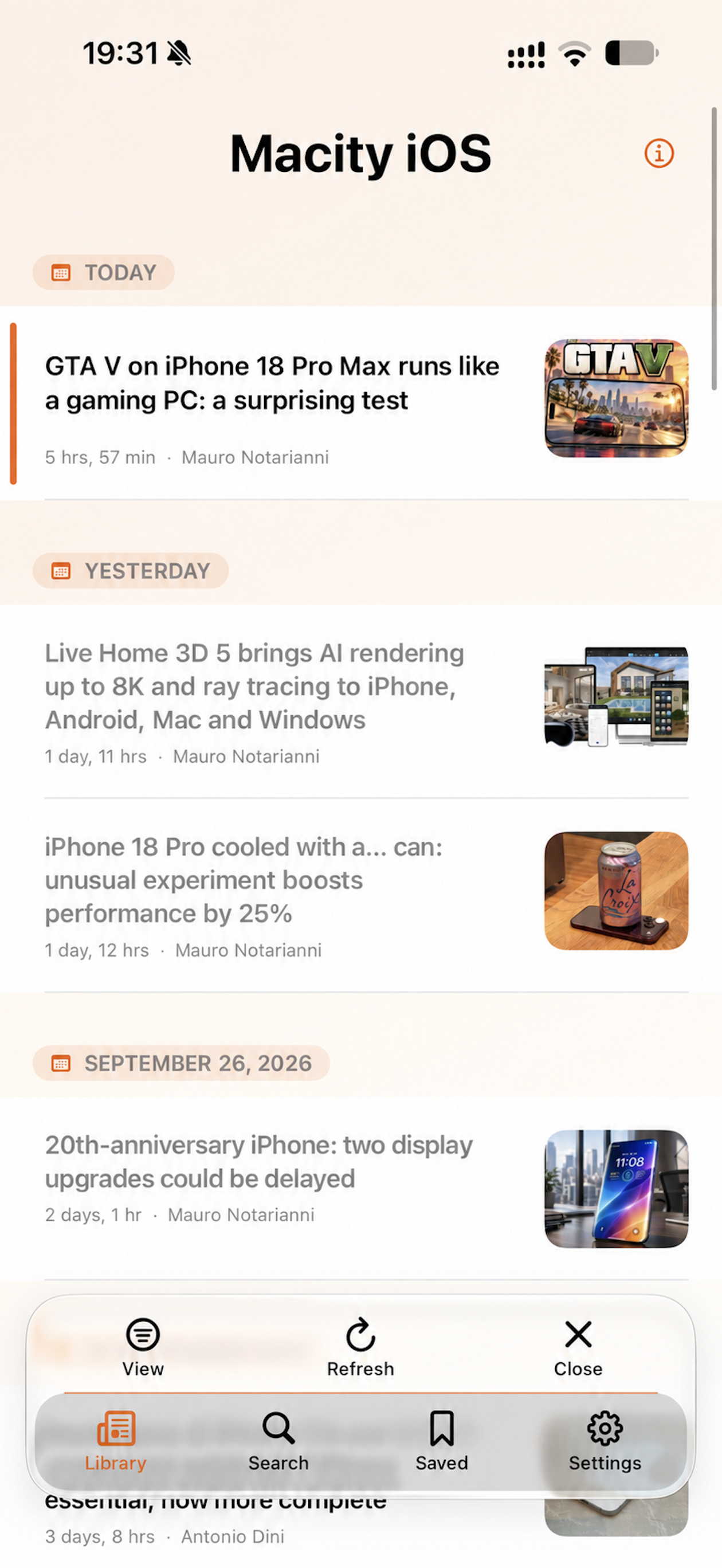 Macitiy iOS feed with articles organized by day