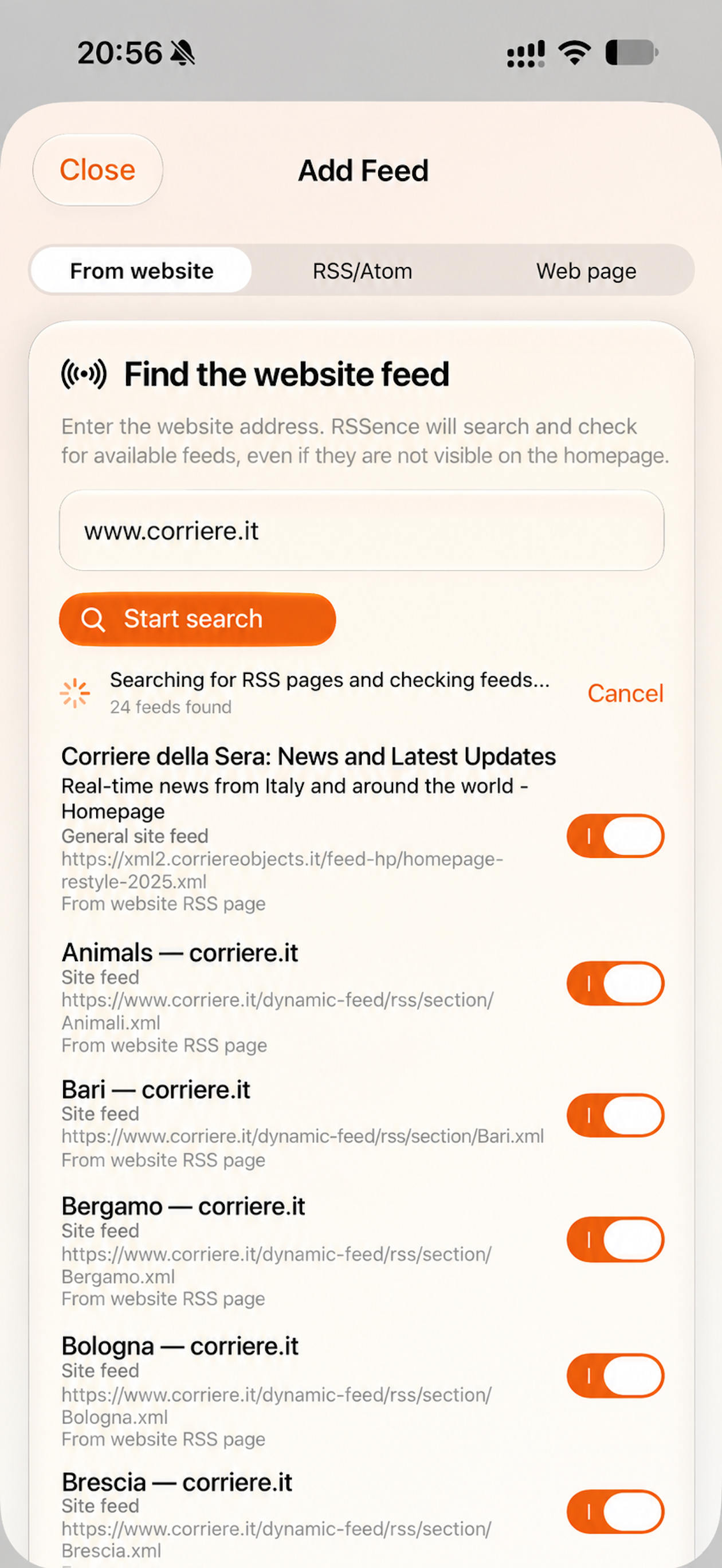RSSEnce finding available feeds from the website www.corriere.it